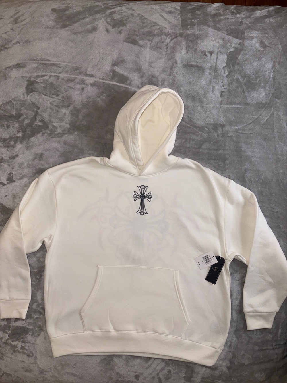 (New) Saints Studio Men's Chrome White Pullover Hoodie with Embroidered Cross .